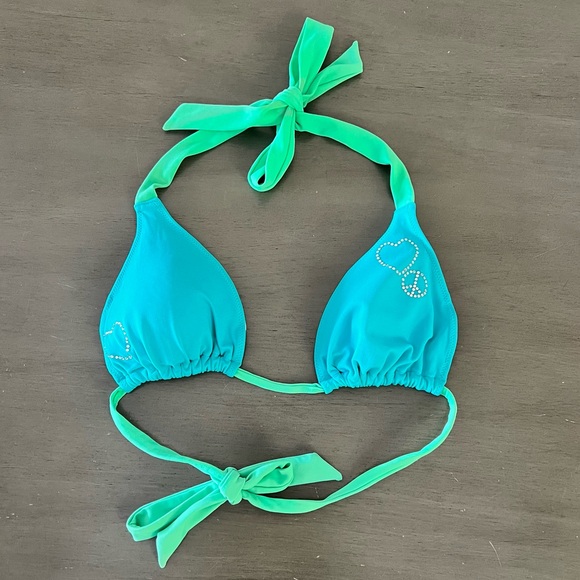 PINK Victoria's Secret Blue & Green Rhinestone Heart & Peace Sign Bikini Top L - Picture 1 of 5